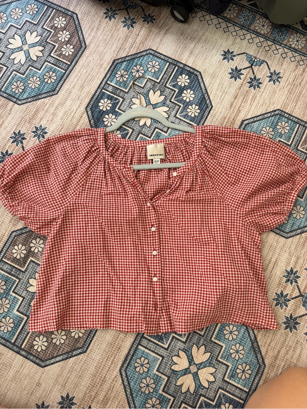 Industry Red Gingham Button-Front Short Sleeve Top XS